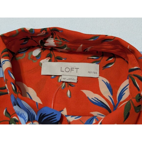 Ann Taylor LOFT Orange Floral Roll Up Sleeve Blouse Sz MP Petite Hidden Buttons - Picture 9 of 11